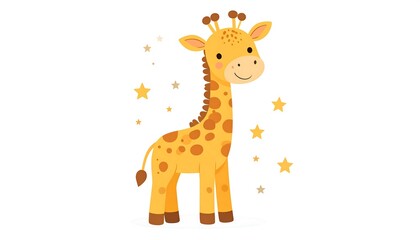 Fototapeta premium Cute cartoon giraffe standing tall with stars around it.
