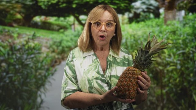 Woman holding pineapple with hands, pursed lips expression while standing on garden path amid lush hedges; surprise curiosity.