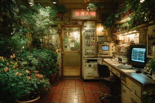 Retro laboratory with plants and analog equipment, biopunk technology concept