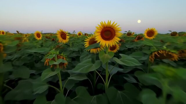 Sunflowers Field at Dusk with Moon