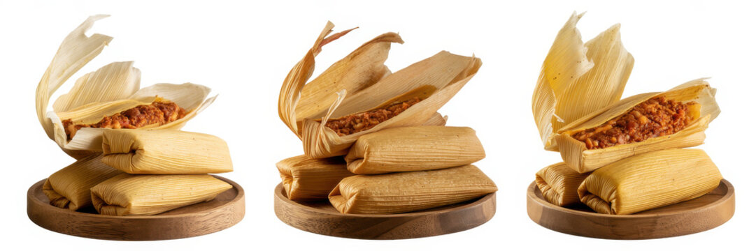Three wooden plates featuring traditional mexican tamales isolated on a white background
