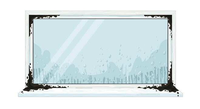 A white wooden window frame displays extensive black mold growth in the corners while thick condensation droplets cover the entire surface of the glass.