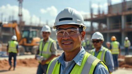 Fototapeta premium Construction worker smiles confidently on active site