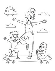 Fototapeta premium Kids exercise activity with mother doing fun outdoor workout together in park coloring page