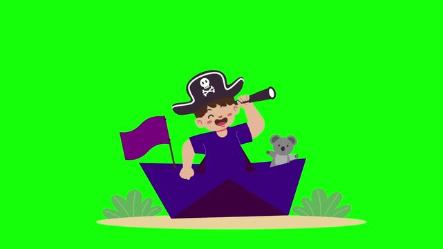 Pirate Captain with Spyglass on Boat, Flag Flying, Cat Companion, Sunny Day Adventure, Children&rsquo;s Day Animation,