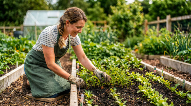 Female gardener thinning vegetable seedlings in a raised wooden bed. Smiling woman wearing an apron and gloves working in a sunny backyard