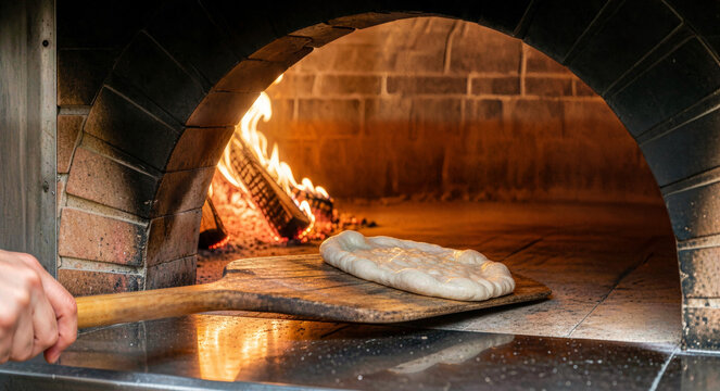 Placing raw flatbread dough into a hot wood fired brick oven with a wooden peel. Traditional artisan pizza baking process. Close up of flames and cooking