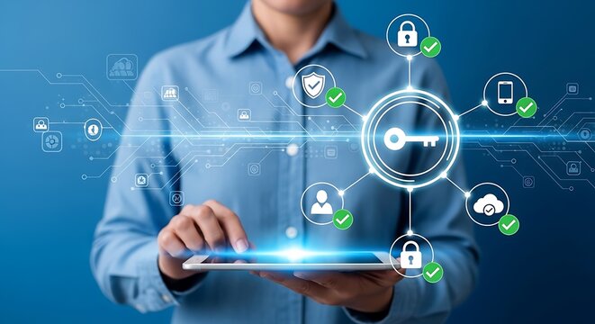 Man holding tablet with digital security icons.