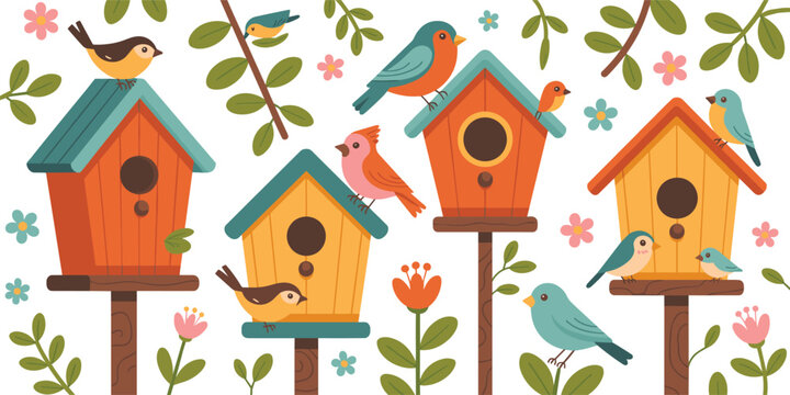Colorful spring birdhouse collection with cute songbirds, blooming flowers, and green leaves in flat vector style isolated on white background