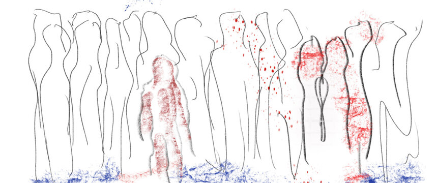 	
Dessin d'un homme souffrant de d&eacute;pression et d'anxi&eacute;t&eacute; dans la foule. Maladie mentale. Agoraphobie.	