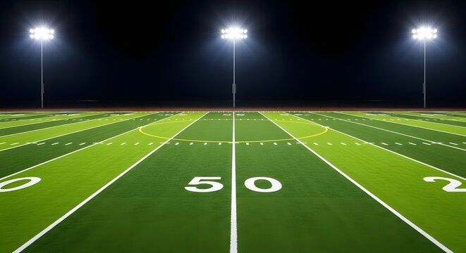 Empty football field under night stadium lights with midfield clearly marked