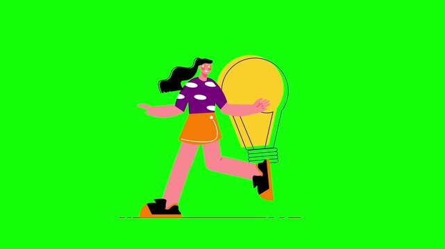 Woman Running with Glowing Lightbulb Idea, Creative Thinking Motion Concept, Innovation Scene, 2D Animation on Green Screen Background