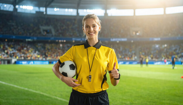 Female soccer referee holding ball in stadium