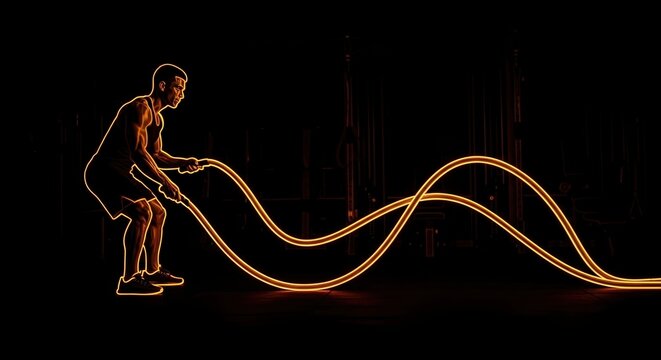 Man with light trail effect creating glowing wave with movement