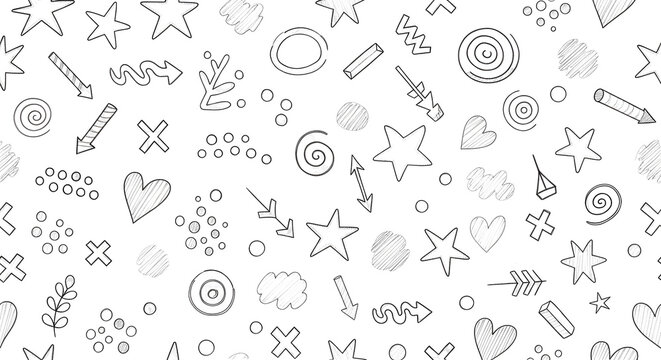 Doodle Elements Seamless Pattern Black and White