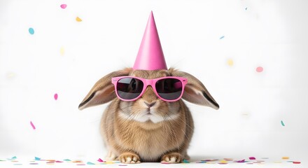Fototapeta premium Festive bunny celebration a charming rabbit wears a party hat and sunglasses for a joyful occasion