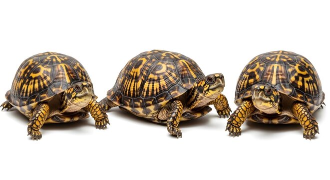 Three indian star tortoises displaying intricate shell patterns on a white background