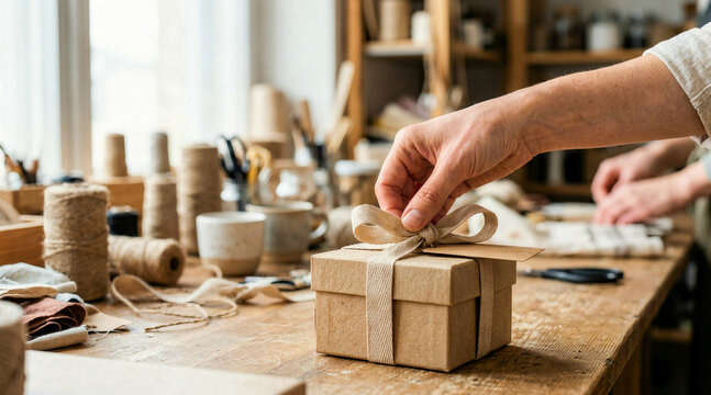Hand tying a bow on a small cardboard gift box. Close up of a person wrapping a present with string on a wooden table