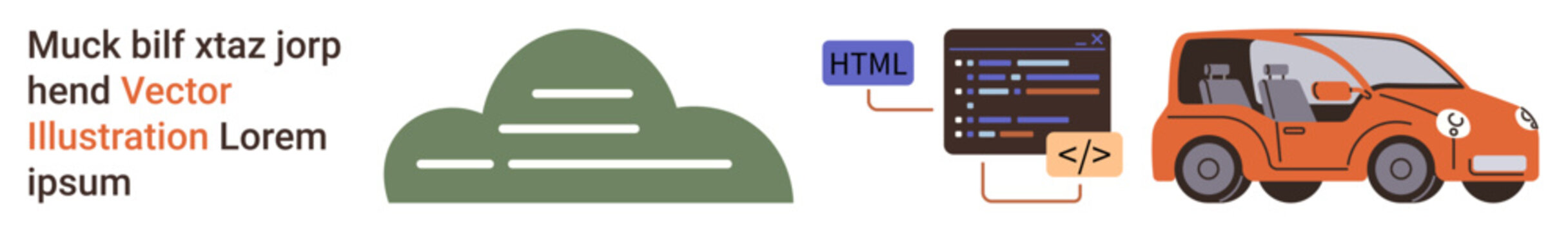 Software development, coding, automotive innovation, transportation, eco-friendly concepts, design illustrations. Coding interface, car and a green cloud. Software development and automotive