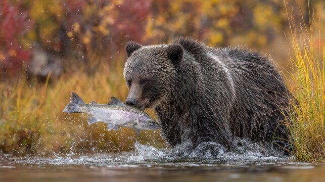 Large carnivorous mammal successfully catches a silver fish midstream during autumn