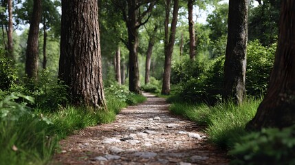 Fototapeta premium A winding natural path meanders through a lush dense forest suggesting a quiet journey into the deep woods