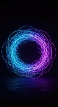 Abstract glowing electric blue and purple light trails filling the frame, creating a sense of deep, digital absorption and sensory overload, energy, stream, nothingness