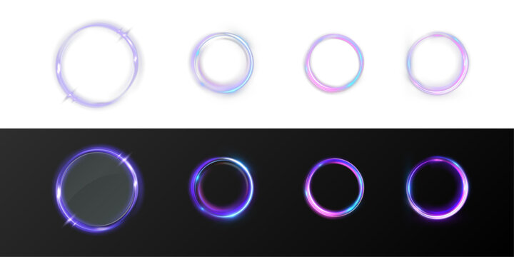 Collection of neon glowing circular frames and energy rings in blue and pink tones. Clean round shapes with soft luminous edges, suitable for UI elements, buttons, overlays.