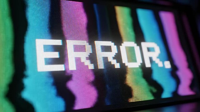 This shows a television screen displaying a distorted error message with colorful stripes on a dark background, indicating technical difficulties or a malfunction.