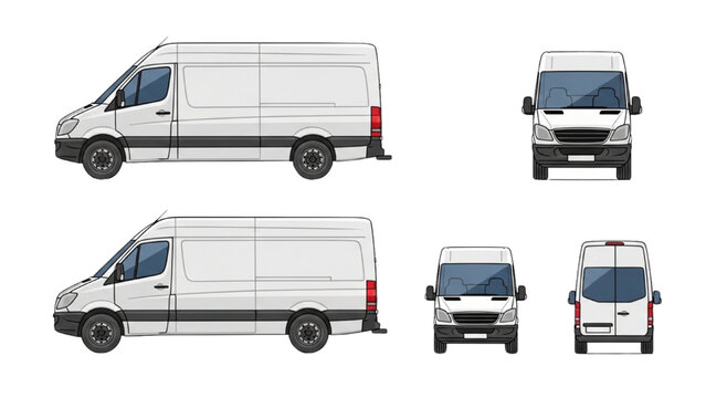 Vector CAD drawings of a white delivery van from multiple angles