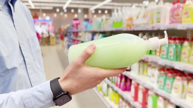 Choosing washing powder ,detergent,liquids at the Groceries.