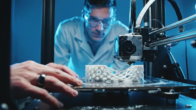 Man in lab coat examines 3D printer producing industrial object closely