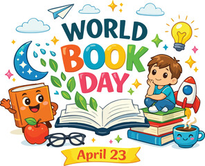 Fototapeta premium World book day celebration illustration with cute boy reading on books, cartoon book character, rocket, light bulb, and apple