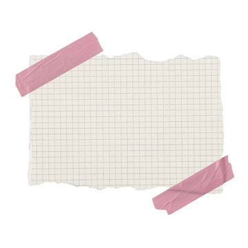 Torn piece of graph paper with pink tape on transparent background