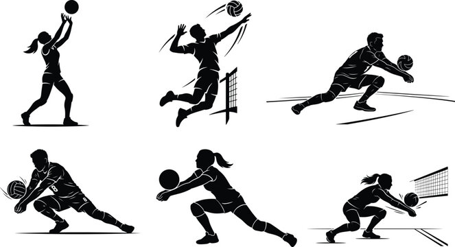Silhouette sequence of athlete playing volleyball, soccer, and skiing in minimalist black and white