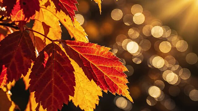 This captures a stunning autumn scene with a leafy branch in the foreground and a blurred background of golden bokeh lights, evoking a sense of serenity and natural beauty.
