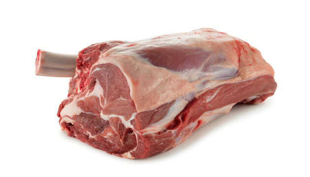 A raw lamb leg with bone isolated on a plain white background, for culinary meat