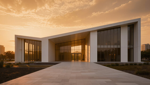 Modern Building Entrance at Golden Hour with Dramatic Skies