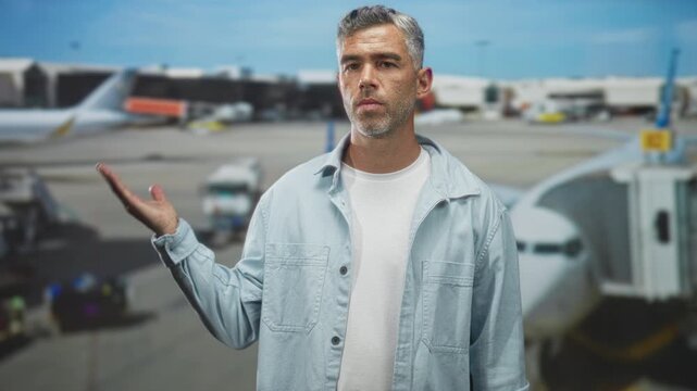 Man grey hair in light denim jacket with palm up gesture toward parked airplane at airport; quiet contemplation.