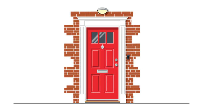 Sophisticated architectural detail highlights a bright red door with glass window panes encased in an ornate white frame against a decorative red brick wall.