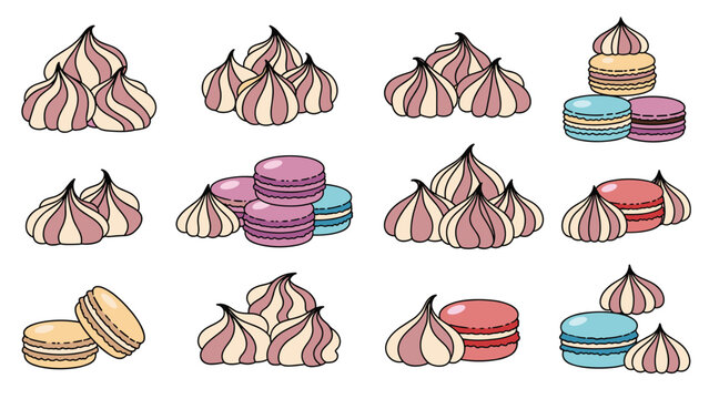 Sweet treats collection featuring piles of light pink meringue kisses and colorful macarons in various arrangements.
