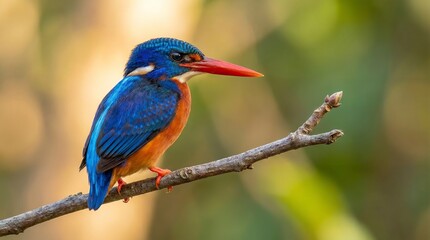 Obraz premium Vivid blue kingfisher bird perched on dry branch in natural habitat