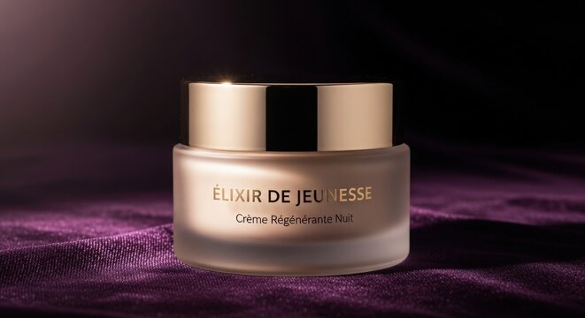 A jar of &Atilde;&permil;lixir De Jeunesse Cr&Atilde;&uml;me R&Atilde;&copy;g&Atilde;&copy;n&Atilde;&copy;rante Nuit on a purple surface with a dark background.