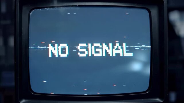 This shows a close-up of an old television screen displaying a no signal error message on a dark background, highlighting technical difficulties and connectivity issues.