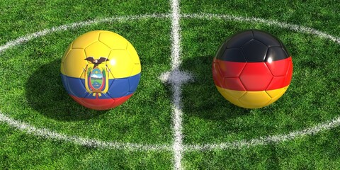 Obraz premium Ecuador and Germany national flags on soccer balls at center of a football field
