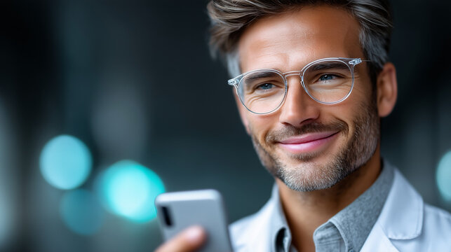 Doctor Looking at Smartphone with Focused Expression on Minimal Clean Background

