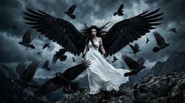 mysterious gothic woman with black wings in stormy clouds dramatic fantasy scene