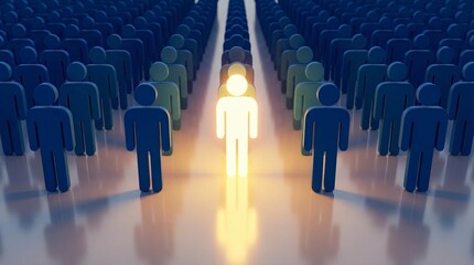 Fototapeta premium Standing crowd with spotlight on central figure in modern interior