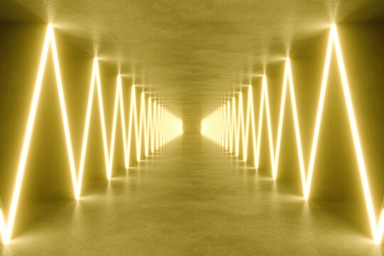 gold modern lighting with interior empty tunnel, 3d rendering sci-fi concept
