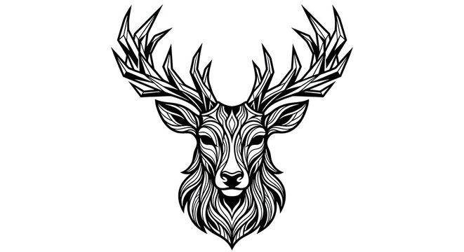 A monochromatic graphic of a deer's head featuring intricate, sharp geometric lines and tribal-style patterns