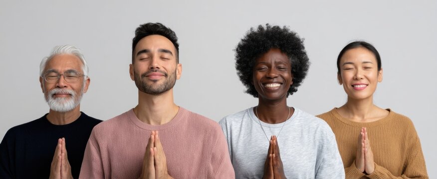 cheerful and serene diverse people embracing mindfulness with gratitude